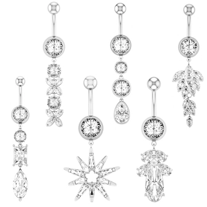 6pcs silver belly ring set with cubic zirconia leaves and marquise stones on white background