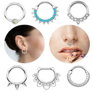 Set of six surgical stainless steel nose rings with zircon and opal stones for body piercing