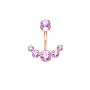 Detail of rose gold belly button ring featuring fan-shaped purple zircon stones
