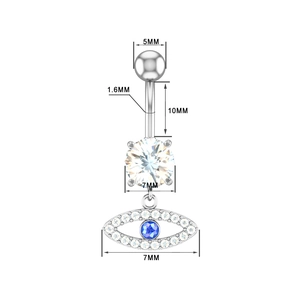 Detailed size chart of stainless steel devil eye belly ring with zircon inlays