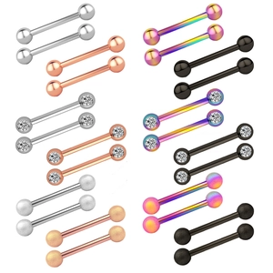 Stainless steel nipple barbells in silver, rose gold, and black with zircon stone details