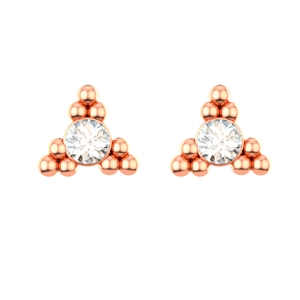 Close-up of rose gold stud earrings with round brilliant-cut CZ stones in a 3D macro view