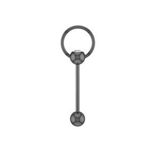 Détail d'un piercing de langue noir en acier inoxydable avec zircon blanc et anneau mobile