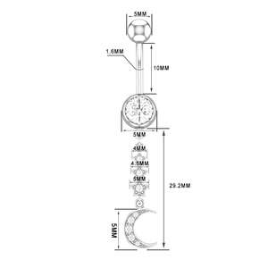 Detailed measurement guide for silver moon and star belly ring with zircon insets