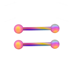 Rainbow gradient stainless steel barbell body piercing jewelry set on white background