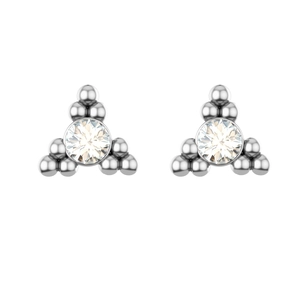 Macro shot of silver triangle stud earrings with central Czech crystal stone inlay
