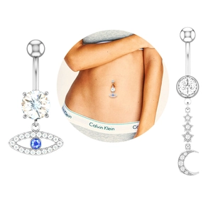 Silver belly button ring set with evil eye and crescent moon pendants featuring blue zircon