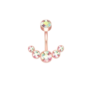 Detail of rose gold belly button ring featuring six radiant AB crystals in a curved design