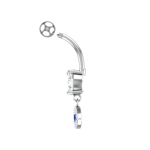 Detailed side view of silver belly ring with blue evil eye zircon and crystal pavé pendant