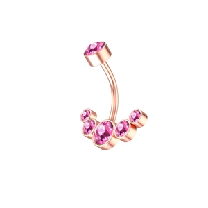 Detail of rose gold belly ring with pink cubic zirconia in elegant fan-shaped setting