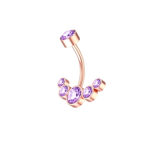 Detail of rose gold belly button ring with five purple CZ stones in a fan shape