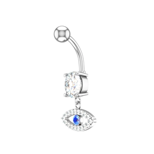 Detailed view of evil eye belly ring with sparkling blue zircon and dangling moon charm
