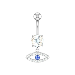 Detailed macro view of silver evil eye belly ring with sparkling zircon and blue gemstone