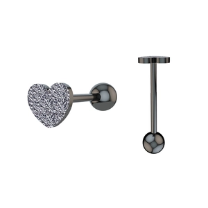 Vue détaillée de piercings de langue en cœur acier inoxydable avec paillettes violettes