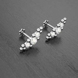 Detailed macro view of curved zircon ear studs with a star flat back in polished steel