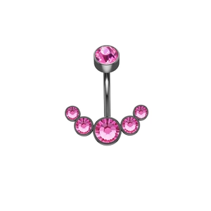 Detail of pink crystal naval ring with curved barbell in dark stainless steel
