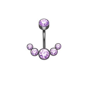 Polished black stainless steel belly ring featuring five radiant purple crystals
