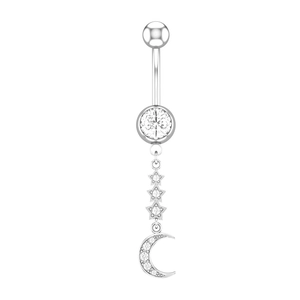 Detail macro of silver belly button ring with zircon encrusted stars and crescent moon pendant