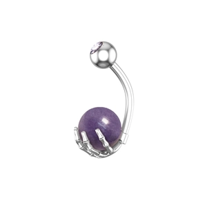Detalle de piercing ombligo con mano de esqueleto sosteniendo una perla violeta y gema