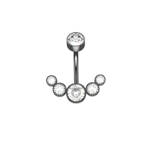 Macro view of black surgical steel belly ring with six sparkling clear cubic zirconia stones