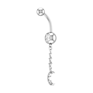 Macro shot of silver belly ring featuring triple star chain and zircon crescent moon charm