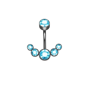Black stainless steel belly ring with six sparkling light blue crystals in fan shape