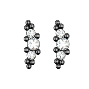 Detail of black plated ear climbers featuring polished beads and clear zircon stones