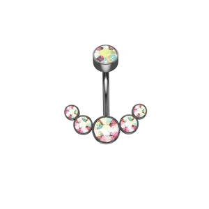 Macro shot of curved steel belly button ring with six shimmering AB crystal rhinestones