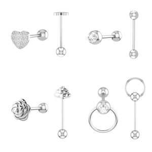 Set de 8 piercings de langue et lèvre en acier inoxydable avec motifs cœur, rose et zircon