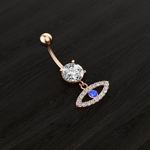 Rose gold belly button ring with evil eye moon charm and blue zircon inlay