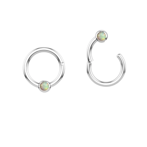 Detail of silver stainless steel hinged hoop ring with fire opal stone in open and closed views