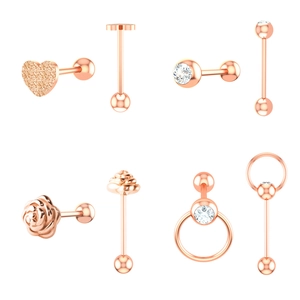 Détail de l'ensemble de 8 piercings barbell rose gold avec motifs cœur et rose