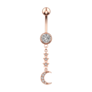 Detail of rose gold belly ring with zircon moon and star charms on white background