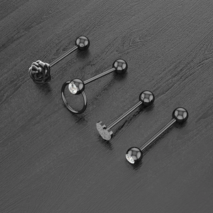 Lot de 4 piercings de langue noirs en acier inoxydable avec motifs rose, cœur et cristal
