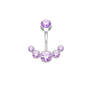 Macro detail of silver navel piercing with curved bar and six purple zirconia stones