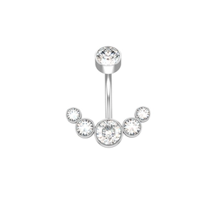Detail of silver steel curved belly ring with fan-shaped 5-stone zirconia design