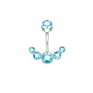 Detailed view of stainless steel belly ring with six sparkling blue Czech crystals