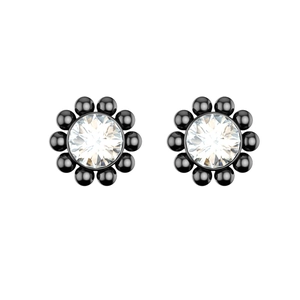 Detailed close-up of floral piercing studs with black metal beads and central crystal