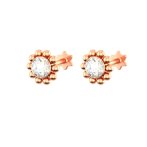 Macro detail of rose gold flower stud earrings with white zircon and star-shaped flat backs