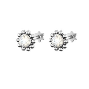 Detailed close-up of a silver stud earring with clear crystal and star-shaped back