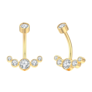 Detailed view of golden curved belly rings with five graduated round clear crystals