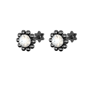 Detailed view of black floral piercing studs with clear crystal center