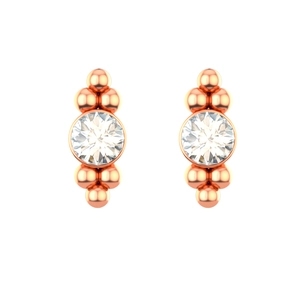 Detail of rose gold stud earrings featuring round cubic zirconia and symmetric metal beads