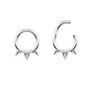 Polished stainless steel hinged clicker rings with triple cone spikes in punk style