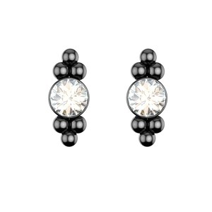 Detail view of black plated stud earrings with clear round zirconia and metal beads