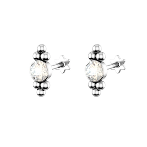 Silver stud earrings with round cubic zirconia and star-shaped backings for ear piercing