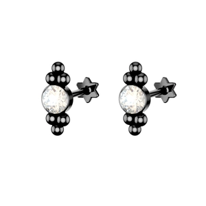 Detail view of black titanium stud earrings with star back and round clear zircon stone