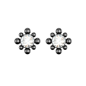 Detailed view of stud earrings featuring clear zircon stone surrounded by black metal beads