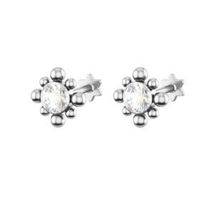 Macro view of silver star-back labret stud with a clear flower-shaped CZ stone