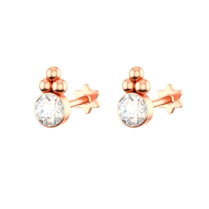 Detailed macro view of rose gold stud earrings with round zircon and star-shaped backings